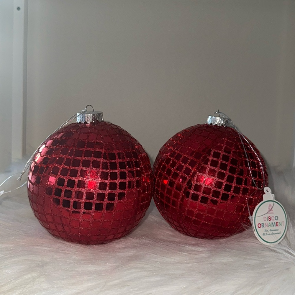TWO NWT Disco Ball Ornaments Target Bullseye Red, large 5"